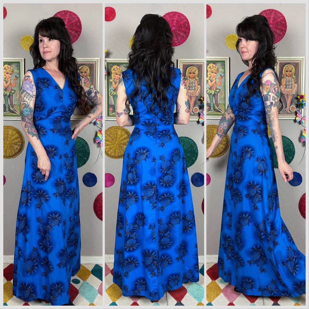 Vintage 1950s Blue and Gold Pineapple Print Tiki Maxi Dress - Picture 3 of 7